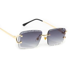 Men's Gem Cut Purple Tint Gold Frame Hip Hop Rimless Luxury Rectangle Sunglasses